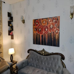 Indian yellow and orange flowers with gold leaf work In acrylic paints Indian yellow and orange flowers with gold leaf work In acrylic paints