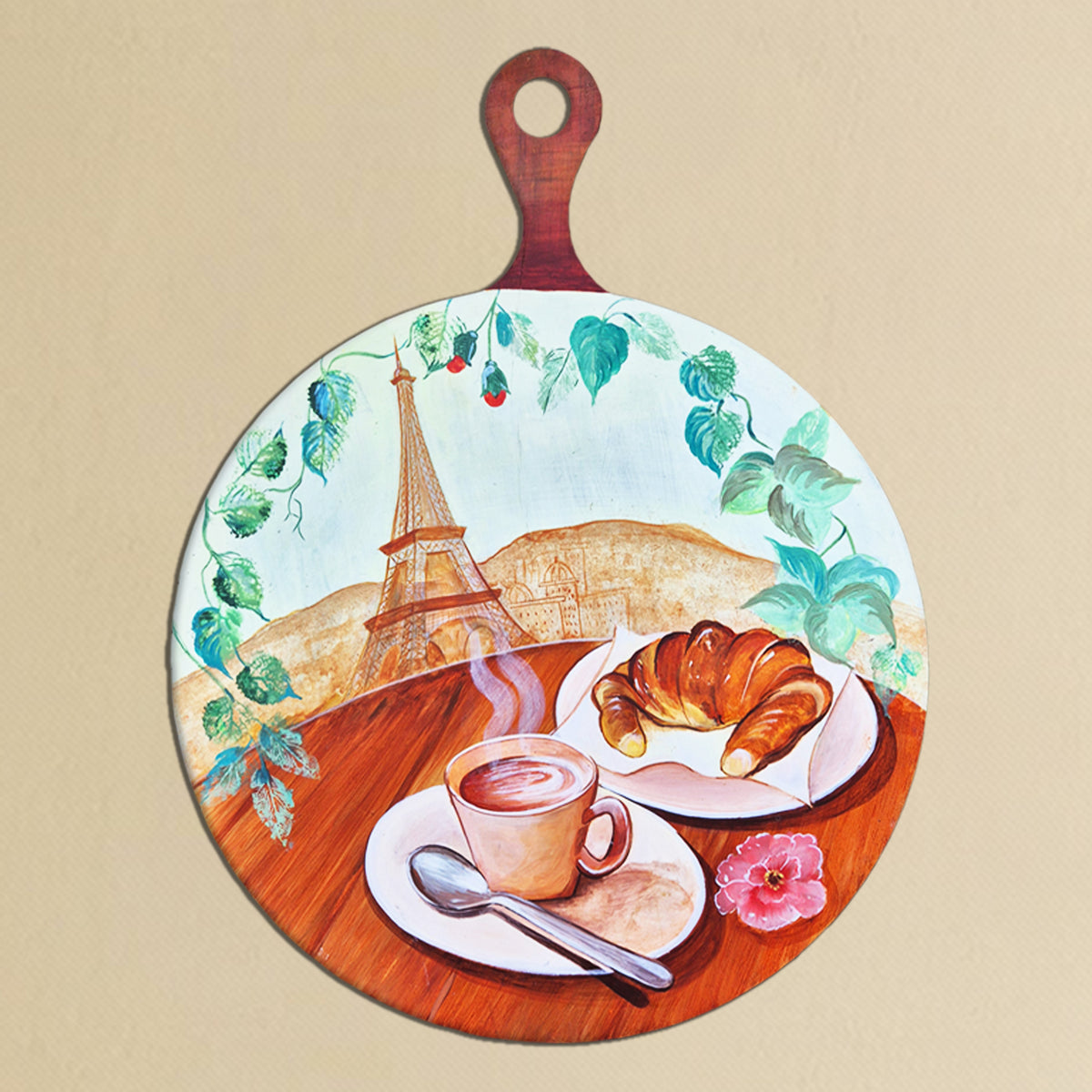 Wooden Chopper Board with Breakfast in Paris